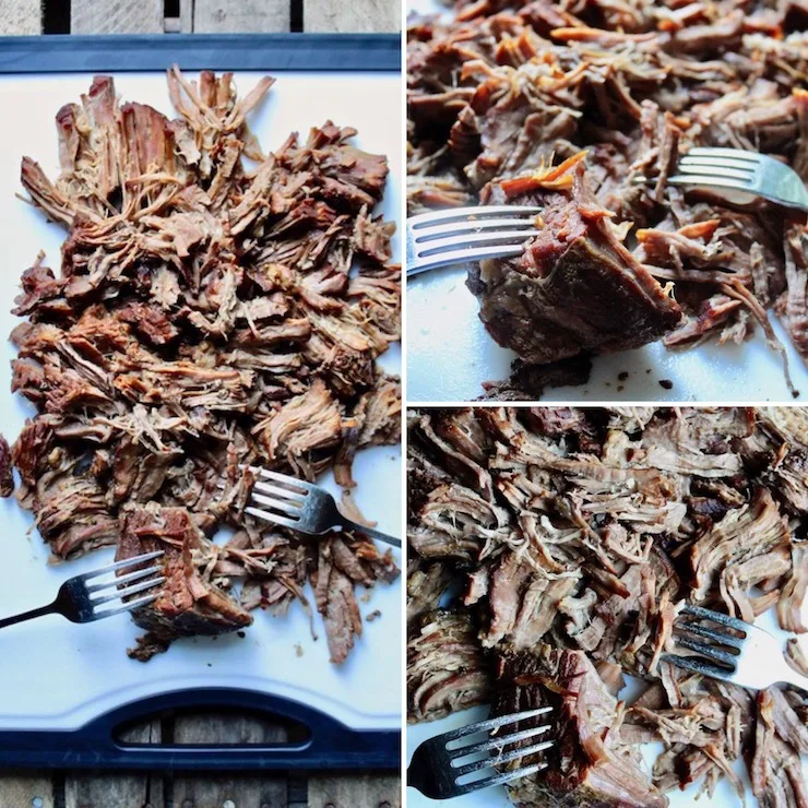 Italian Beef Po' Boys, collage photo of shredding cooked beef.