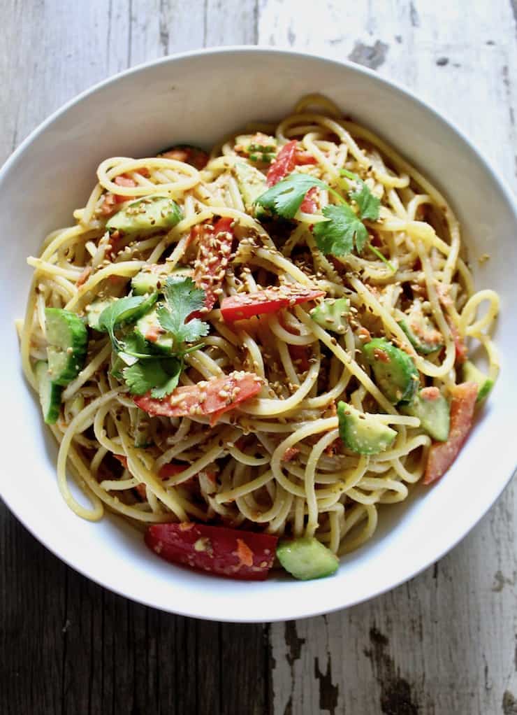 Peanut Sesame Noodles, in serving bowl.