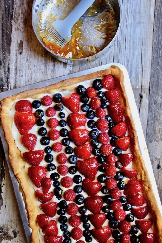 Red, White & Blue Fruit Pizza, apricot glaze in sauce pan to brush on fruit pizza.