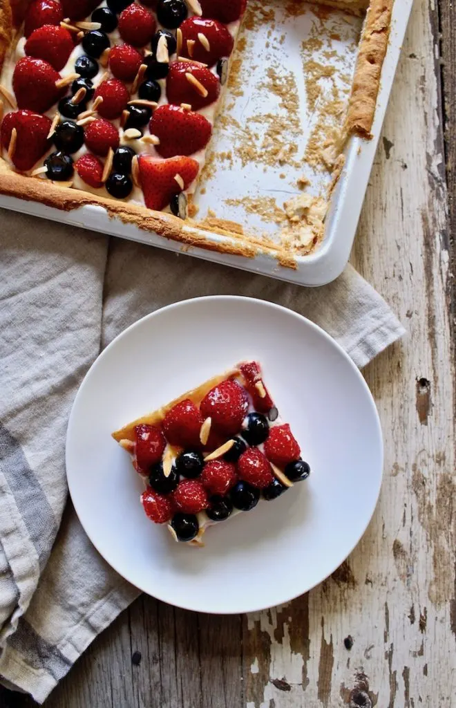 Red, White & Blue Fruit Pizza, slice on white plate next to pan.