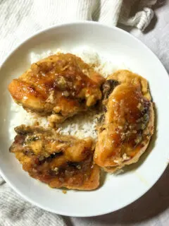 Chicken breast on white plate with rice.