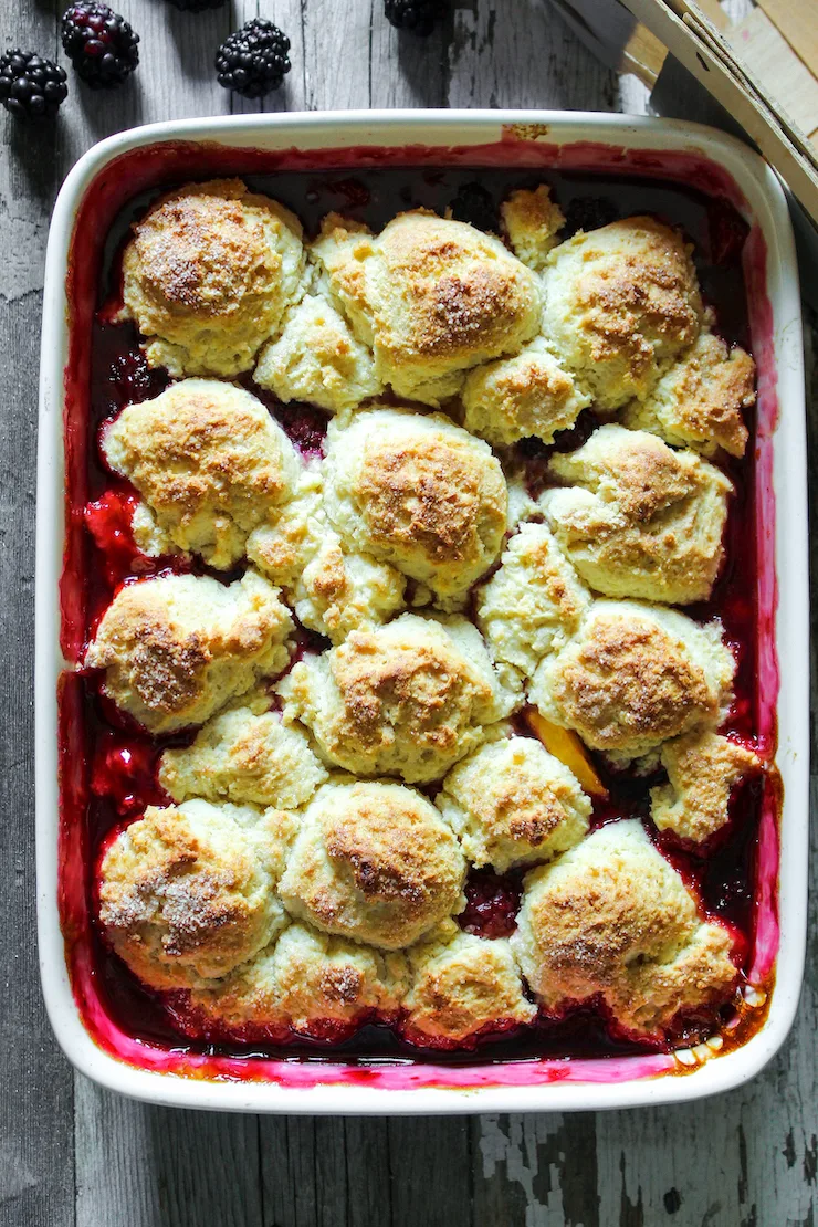 Baked cobbler in baking dish.