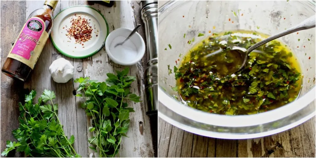 Chimichurri Sauce ingredients 2 photo collage, in mixing bowl