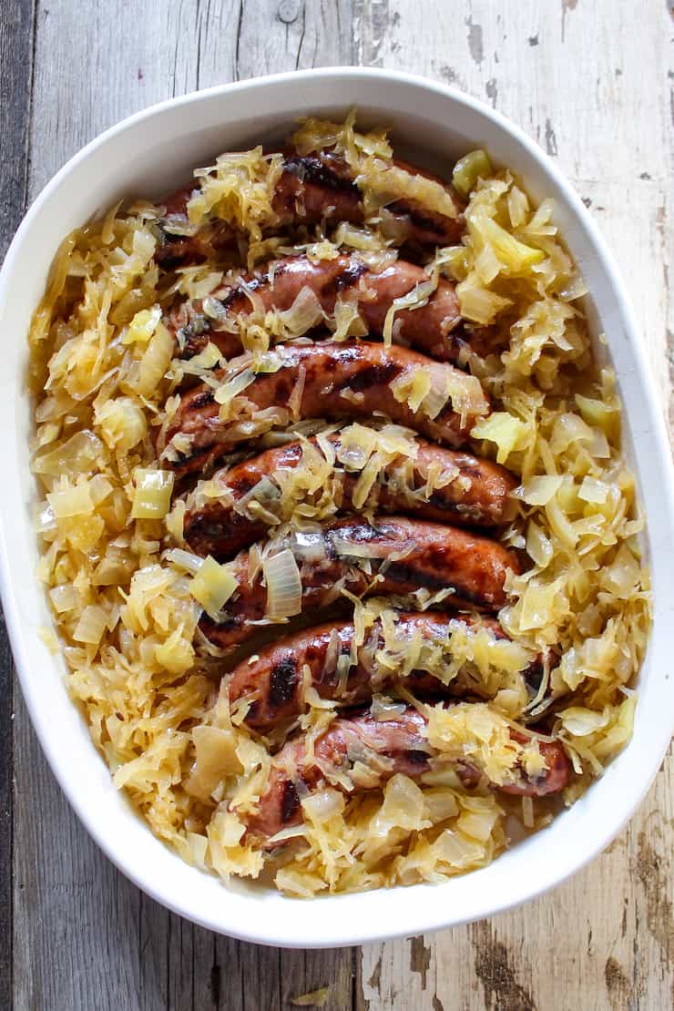 Beer Brats and Sauerkraut {Cooked On the Grill in One Pan}