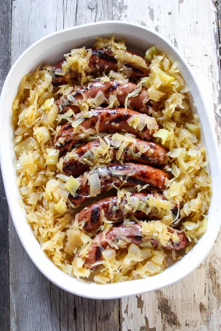 Beer Brats And Sauerkraut {Cooked On The Grill In One Pan}