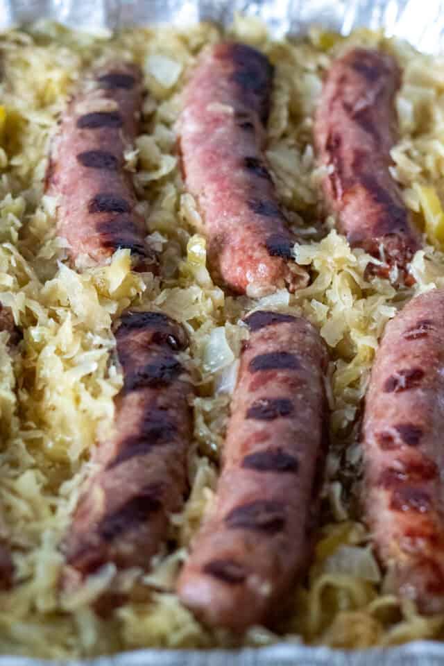 Beer Brats and Sauerkraut {Cooked On the Grill in One Pan}