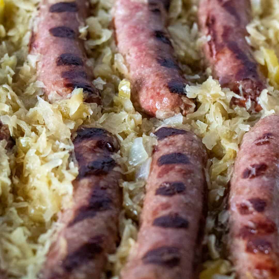 Beer Brats and Sauerkraut {Cooked On the Grill in One Pan}