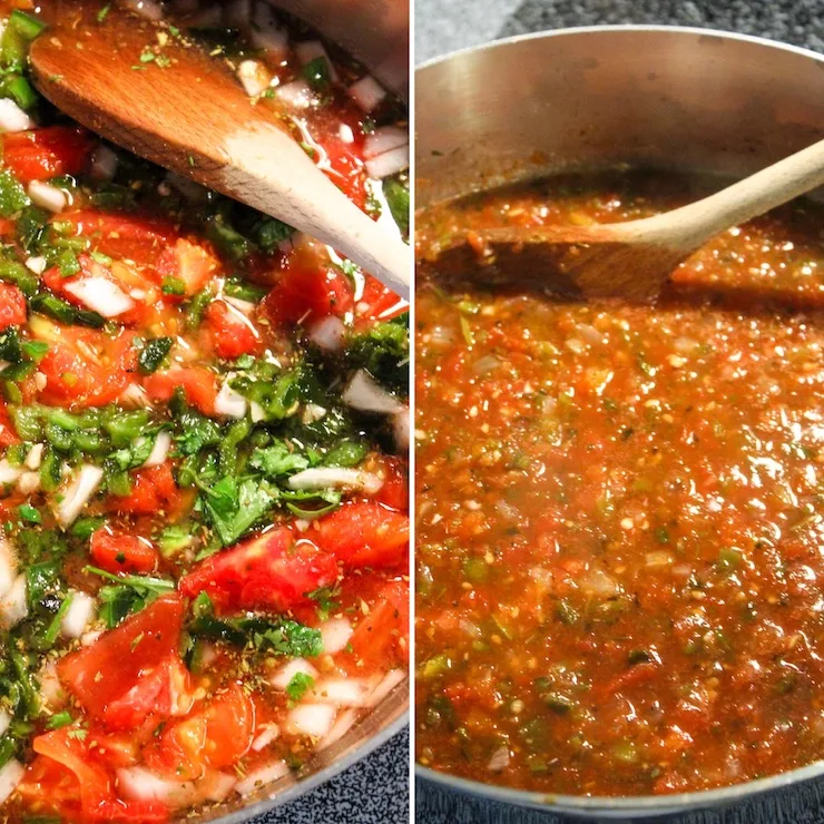 Cooking and blending salsa.