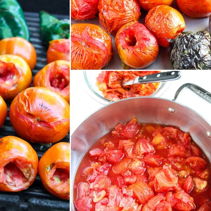 Process collage of roasting tomatoes and peppers.
