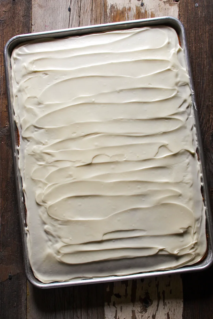 Pumpkin sheet cake with cream cheese frosting.