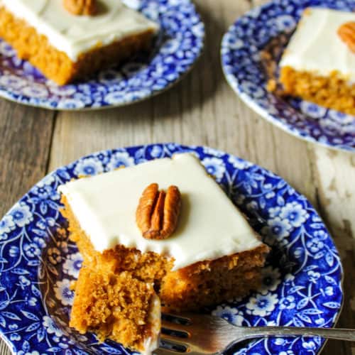 Pumpkin bar on plate with fork.