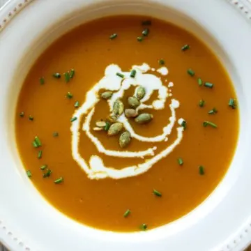 Squash soup garnished in serving bowl.