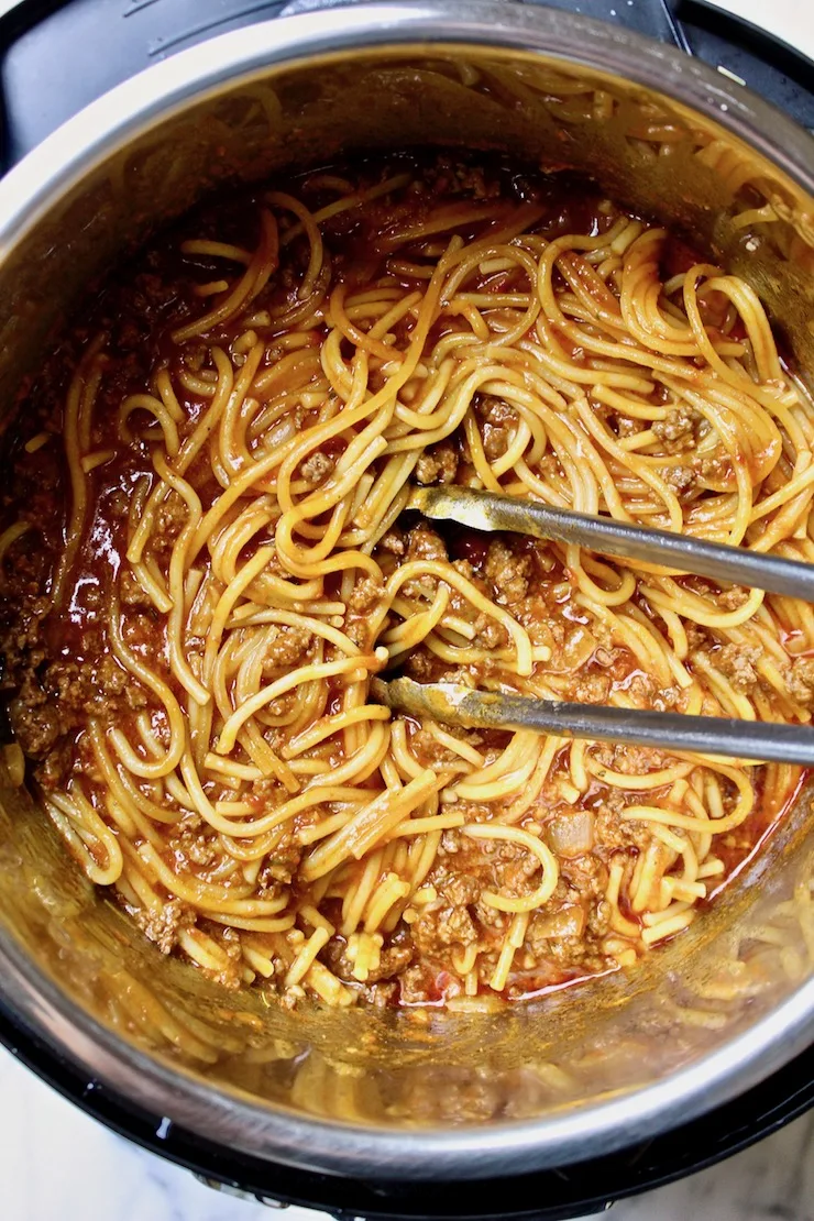 Tossed spaghetti and sauce in the Instant Pot