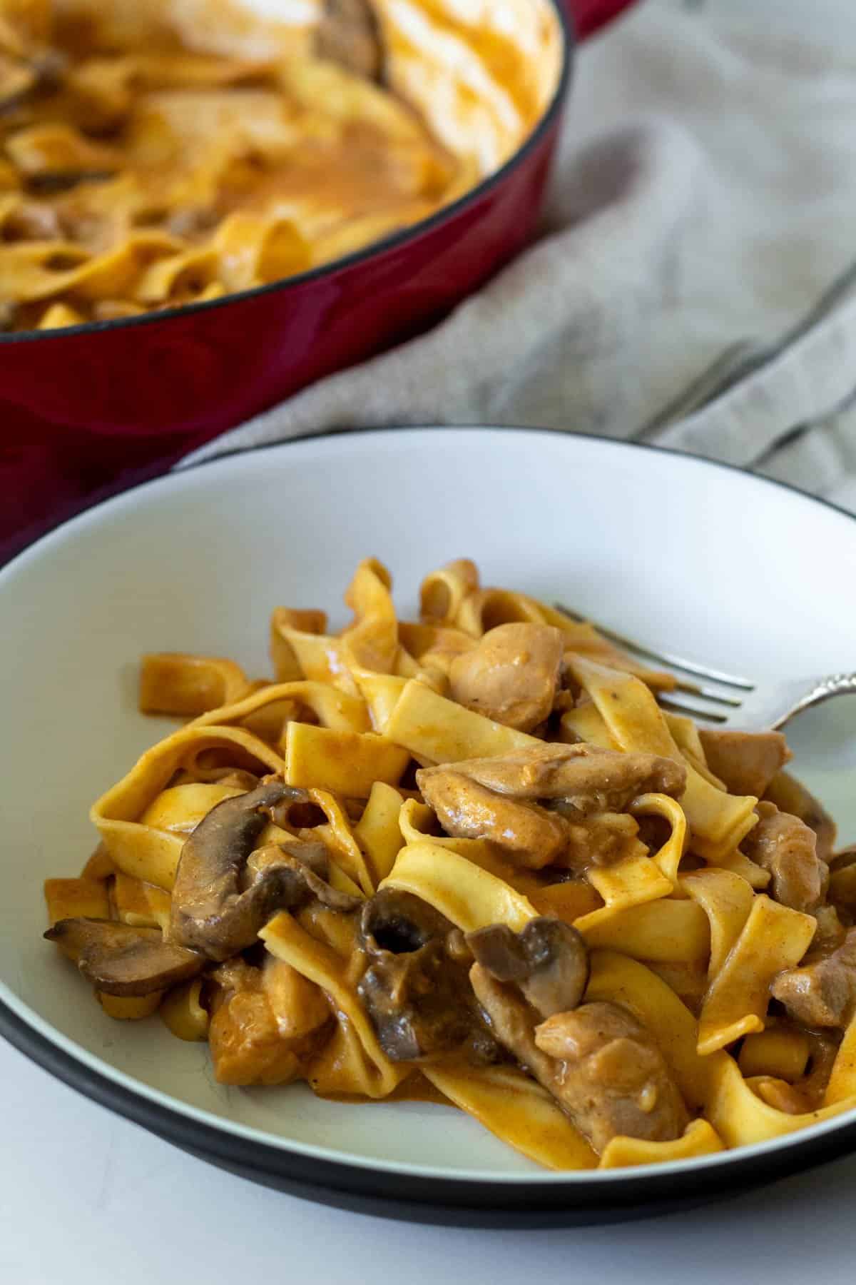 Plate of chicken stroganoff with noodles and skillet in background.