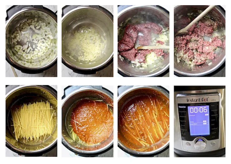 Instant Pot Spaghetti with Meat Sauce, step by step photo collage in Instant Pot