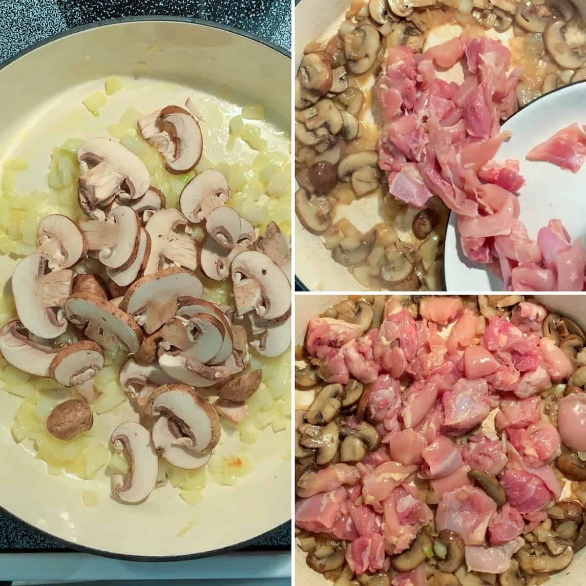 Three photo process collage, sautéing onions and mushrooms, then adding chicken to skillet.