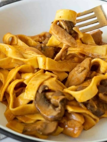 Plate of chicken stroganoff with forkful.