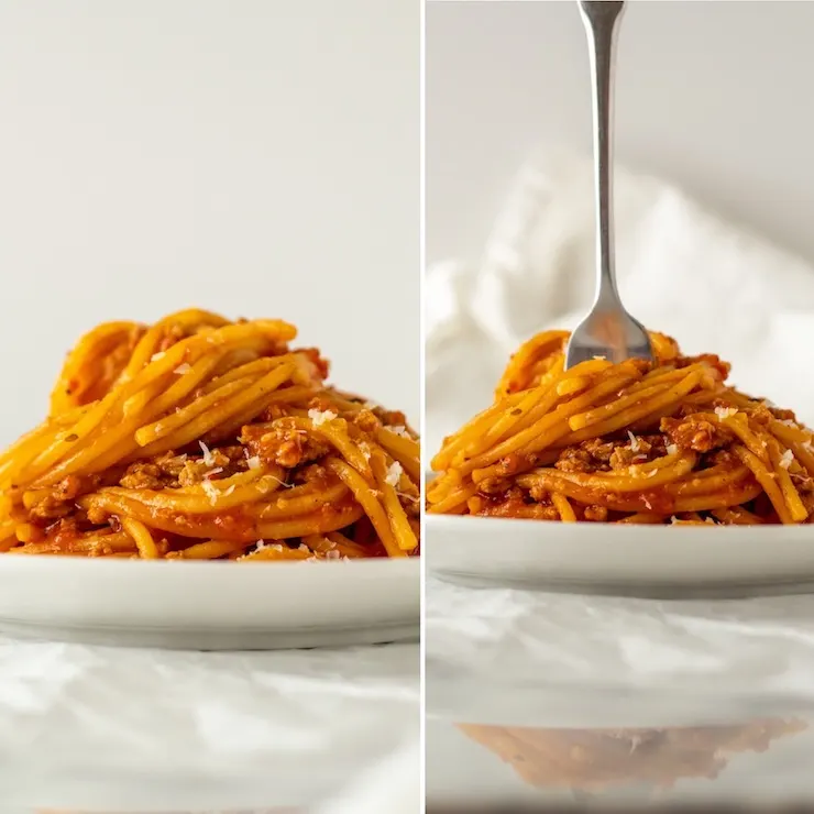 Two photo collage of spaghetti twirled on plate, with fork