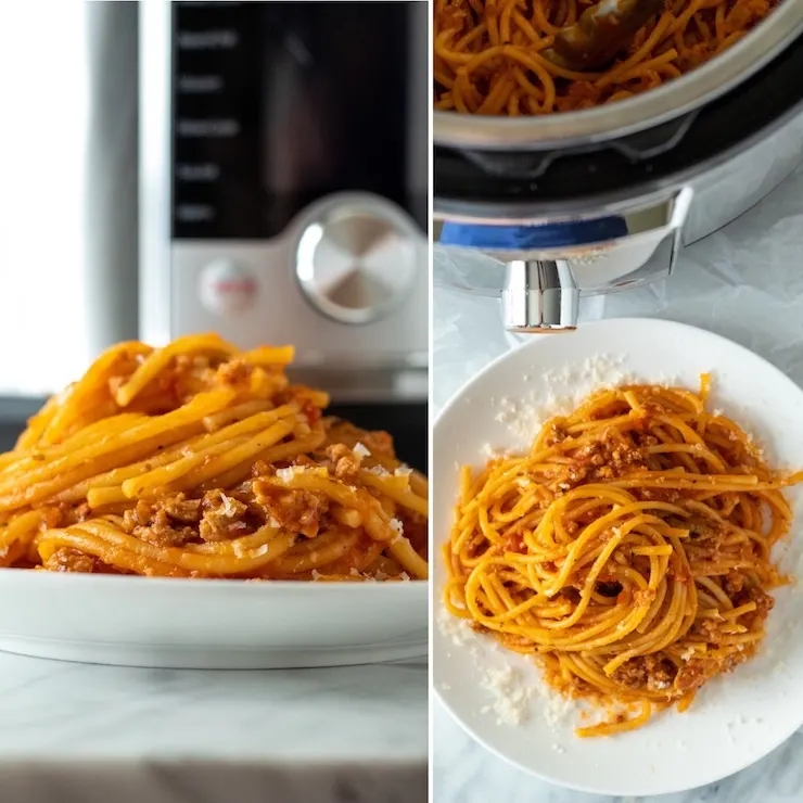 Two photo collage of plate of spaghetti in front of Instant Pot