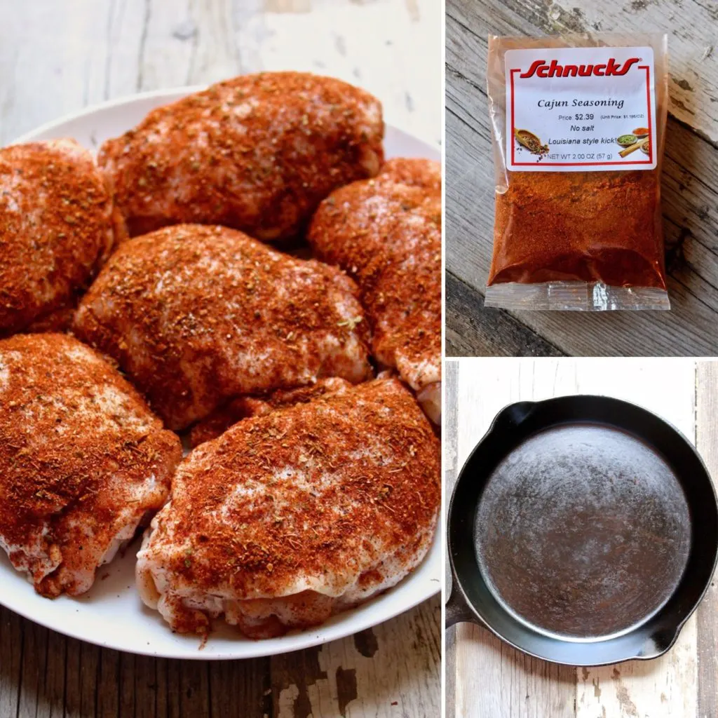 Prepping chicken thighs, photo collage with Cajun seasoning mix and cast iron pan.