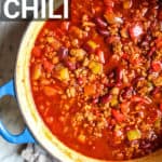 Pin for Pinterest with text, chili in pot.
