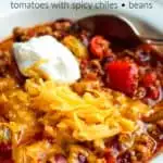 Pin for Pinterest with text, chili in bowl.