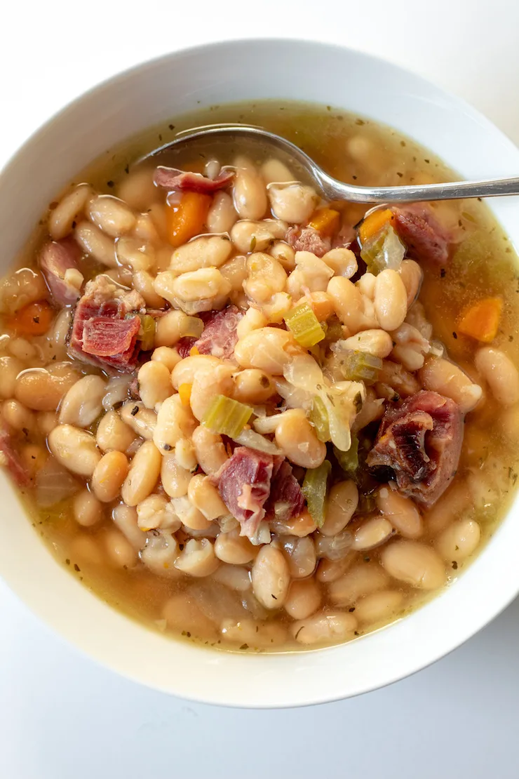 Overhead closeup of soup in bowl.