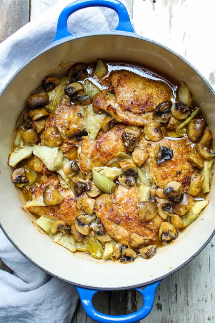 Braised Chicken with Artichokes and Mushrooms in Sherry Sauce