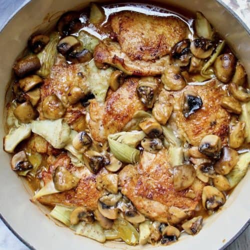 Braised Chicken with Artichokes in Mushroom-Sherry Sauce