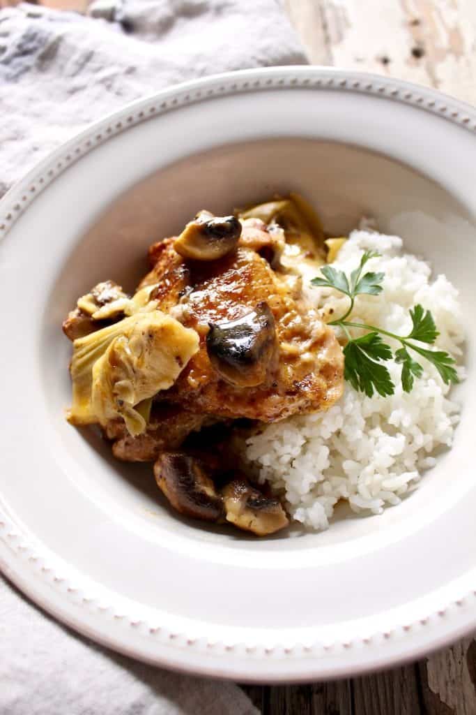 Braised Chicken with Artichokes and Mushrooms in Sherry Sauce