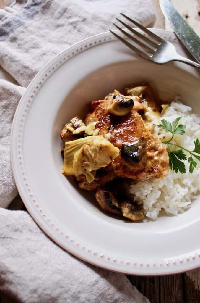 Braised Chicken with Artichokes and Mushrooms in Sherry Sauce