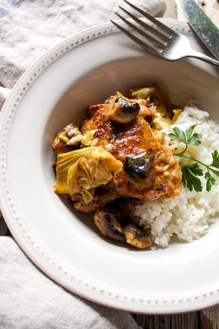 Braised Chicken with Artichokes and Mushrooms in Sherry Sauce