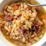 Instant Pot Ham and White Bean Soup pin for Pinterest with text.