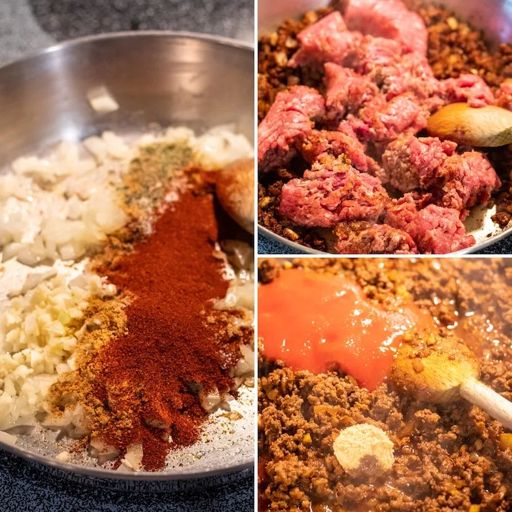 Three photo process collage for making ground meat filling.