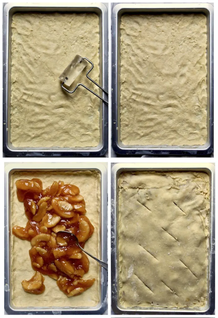 Process photo of rolling out dough, spreading filling