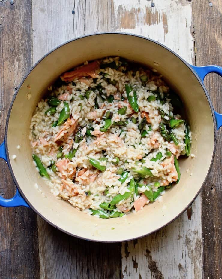 Overhead of smoked salmon risotto in pot