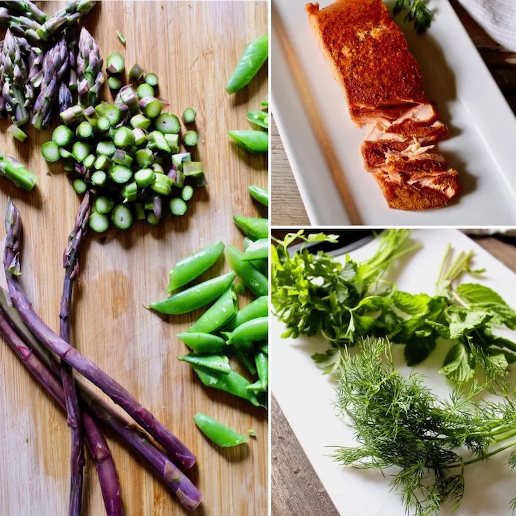 Ingredients photo, asparagus, smoked salmon, sugar snap peas and herbs.