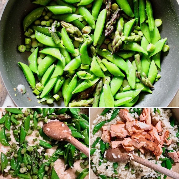 Sautéed vegetables, folding in to risotto with flaked salmon