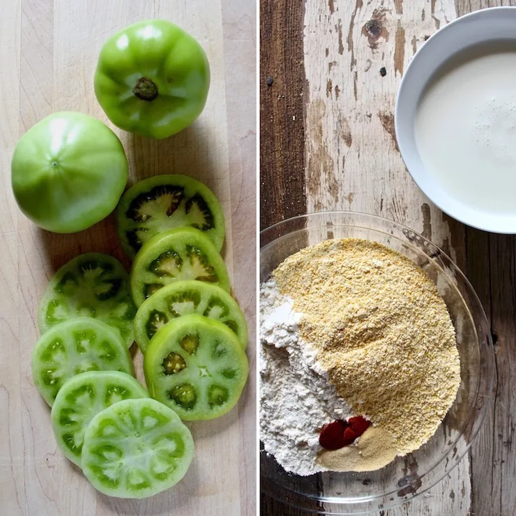 Sliced green tomatoes, cornmeal mixture and buttermilk.