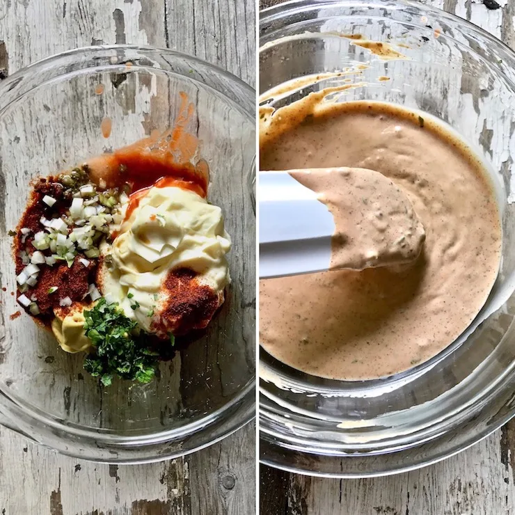 Ingredients to make remoulade sauce in a bowl, finished sauce in bowl on spatula