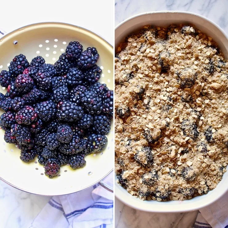 Side by side photo of blackberries and in the baking dish with topping.