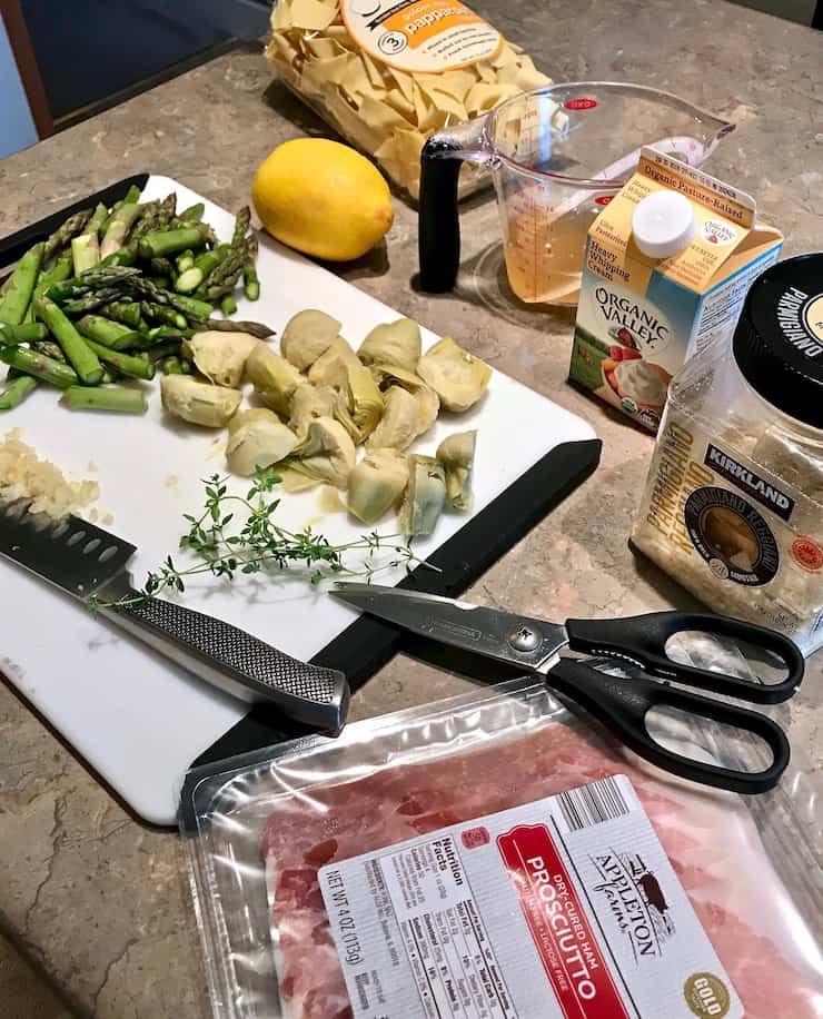 Pasta with Asparagus and Prosciutto photo of ingredients on countertop.