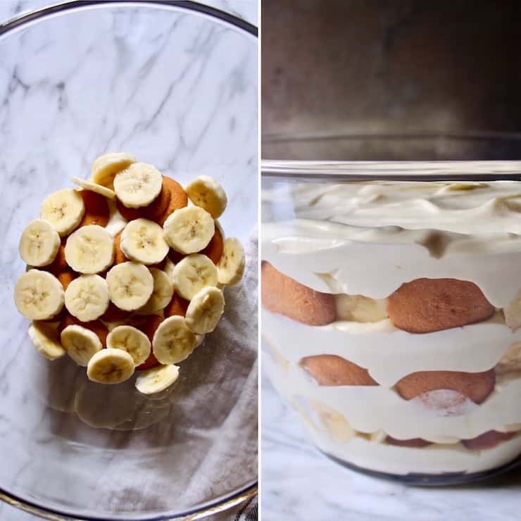 Magnolia Bakery's Famous Banana Pudding, side by side photo of layering ingredients in dish