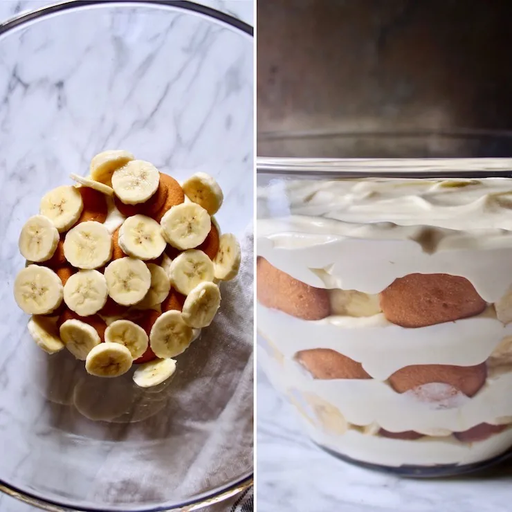 Magnolia Bakery's Famous Banana Pudding, side by side photo of layering ingredients in dish