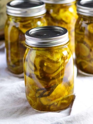 Jars of bread and butter pickles.
