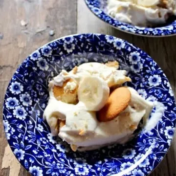 Magnolia Bakery's Famous Banana Pudding, single serving in blue dessert bowl