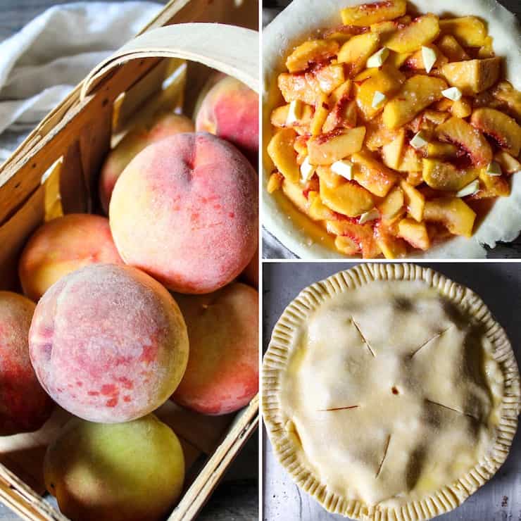 Three photo collage of making peach pie.