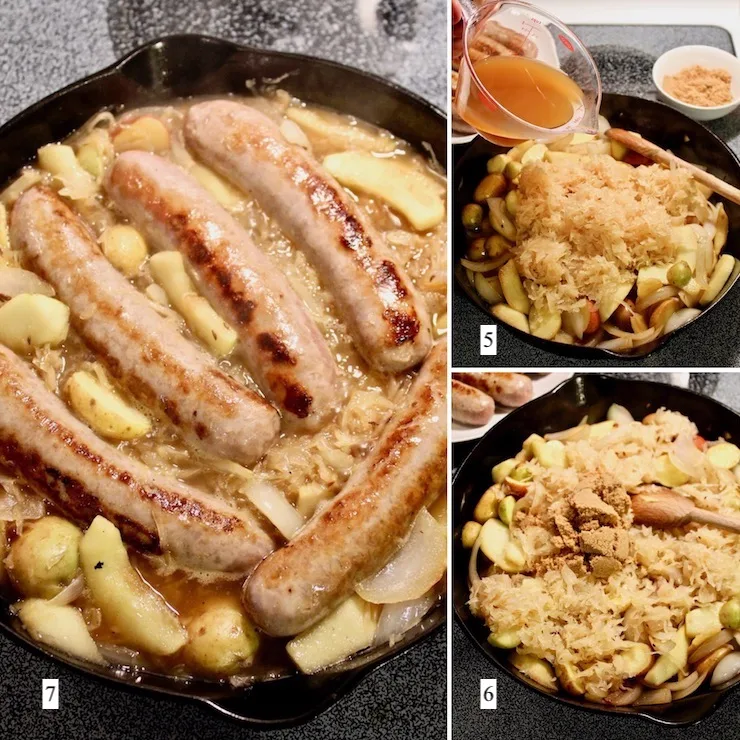 Sausage, Apple, Sauerkraut and Potato Skillet, step by step process collage, steps 5-7
