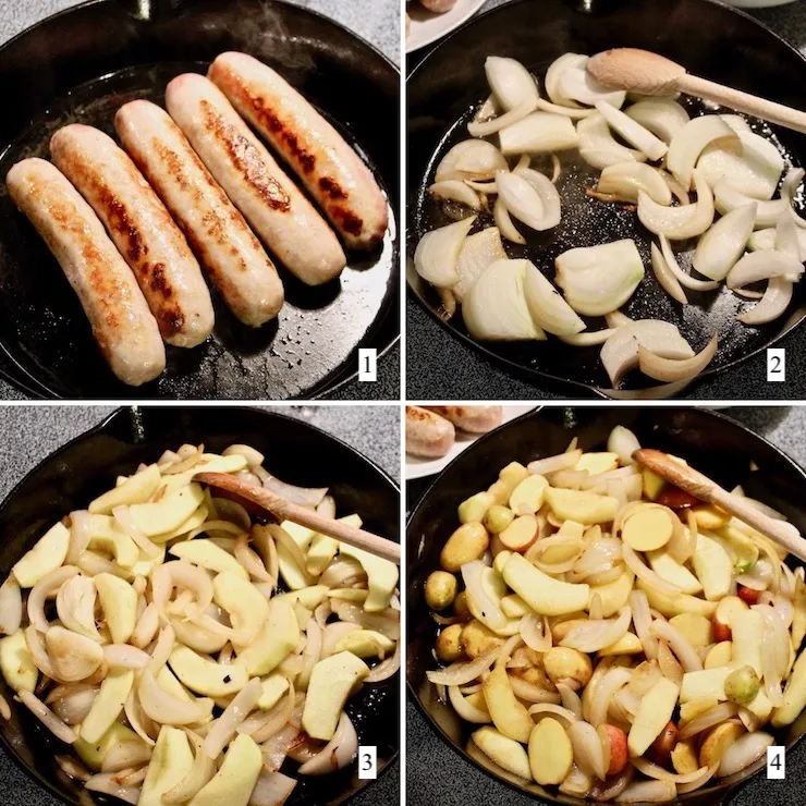 Sausage, Apple, Sauerkraut and Potato Skillet, step by step process collage, steps 1-4