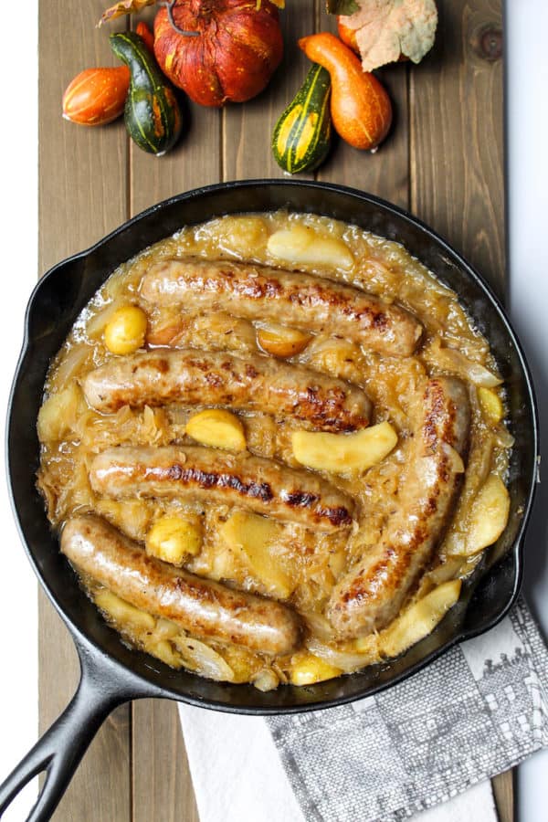 German Sausage Skillet with Apples and Sauerkraut The Hungry Bluebird